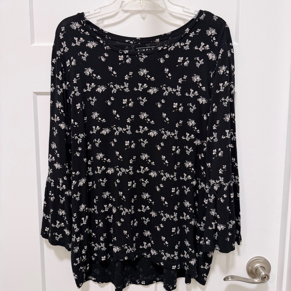 Simply Styled Black Floral Tiered Bell Sleeve High Low Top Blouse XL